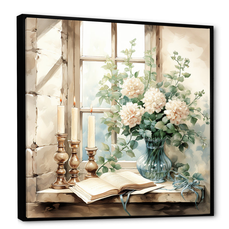 Blanc et vert antique, charme de fenêtre floral - art mural fenêtres de ferme, Cadre flottant noir