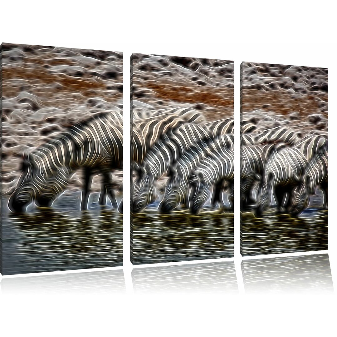 3-tlg. Leinwandbilder-Set „Zebraherde am Wasserloch“, Grafikdruck