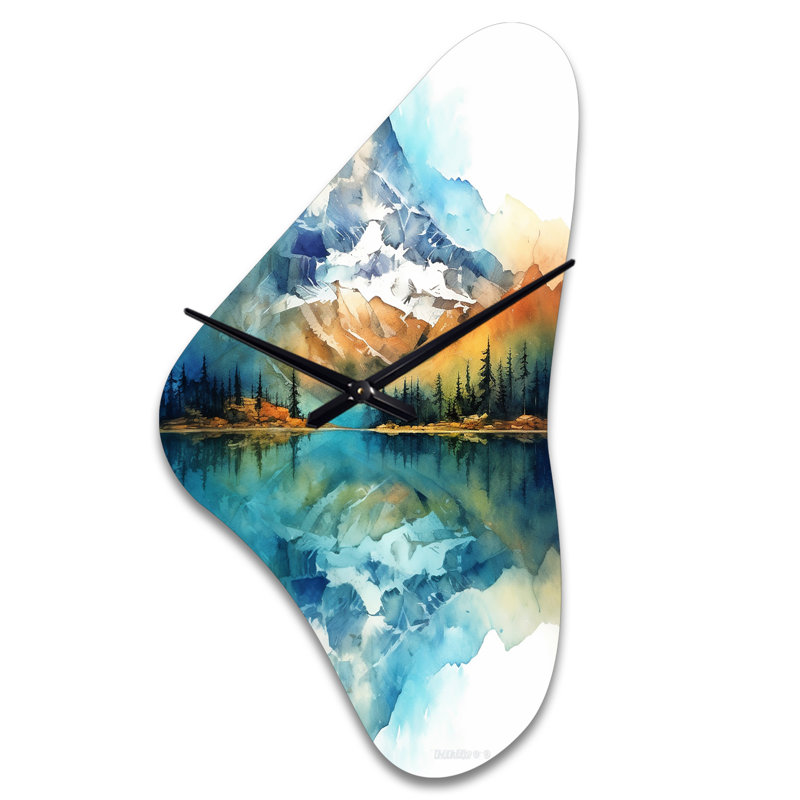 Horloge murale de forme unique en métal Calming Mountain Riverside III - Mountains, Turquoise, Grand