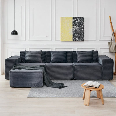 Ensemble de canapé modulaire en L modulaire avec repose-pieds, canapé nuage en velours côtelé 3 places, gris foncé