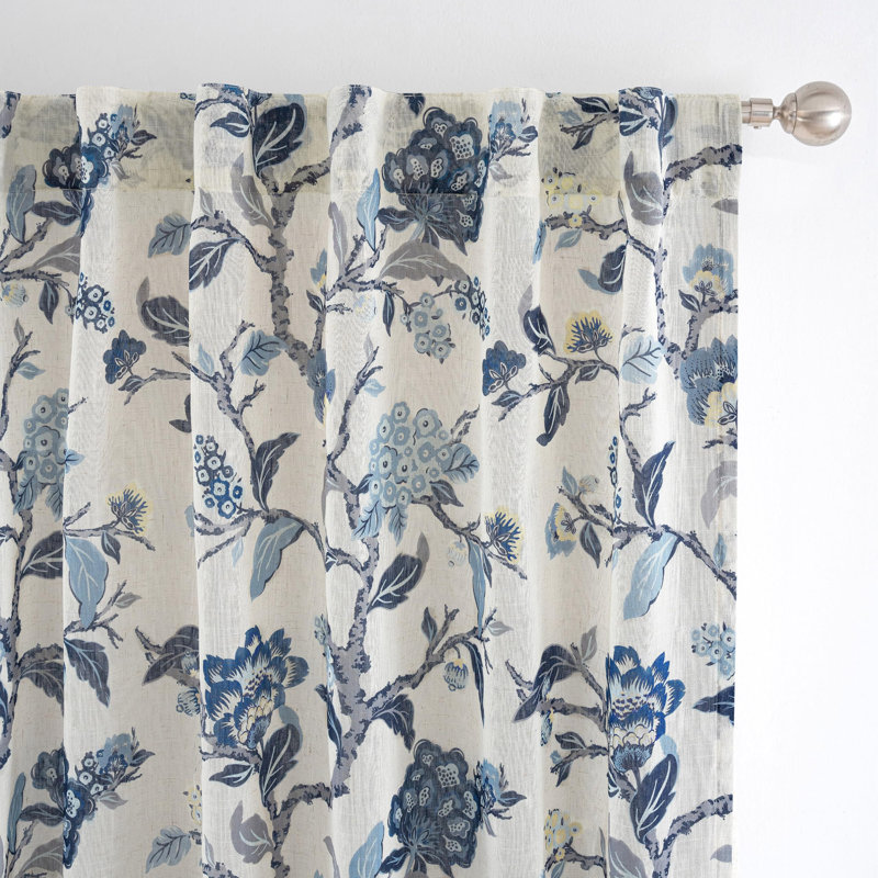 Ada Floral Botanical Print Flower Leaf Lined Thermal Insulated Room Darkening Linen Blend 100% Blackout Back Tab Window Curtains 2 Layers Set of 2 Panels