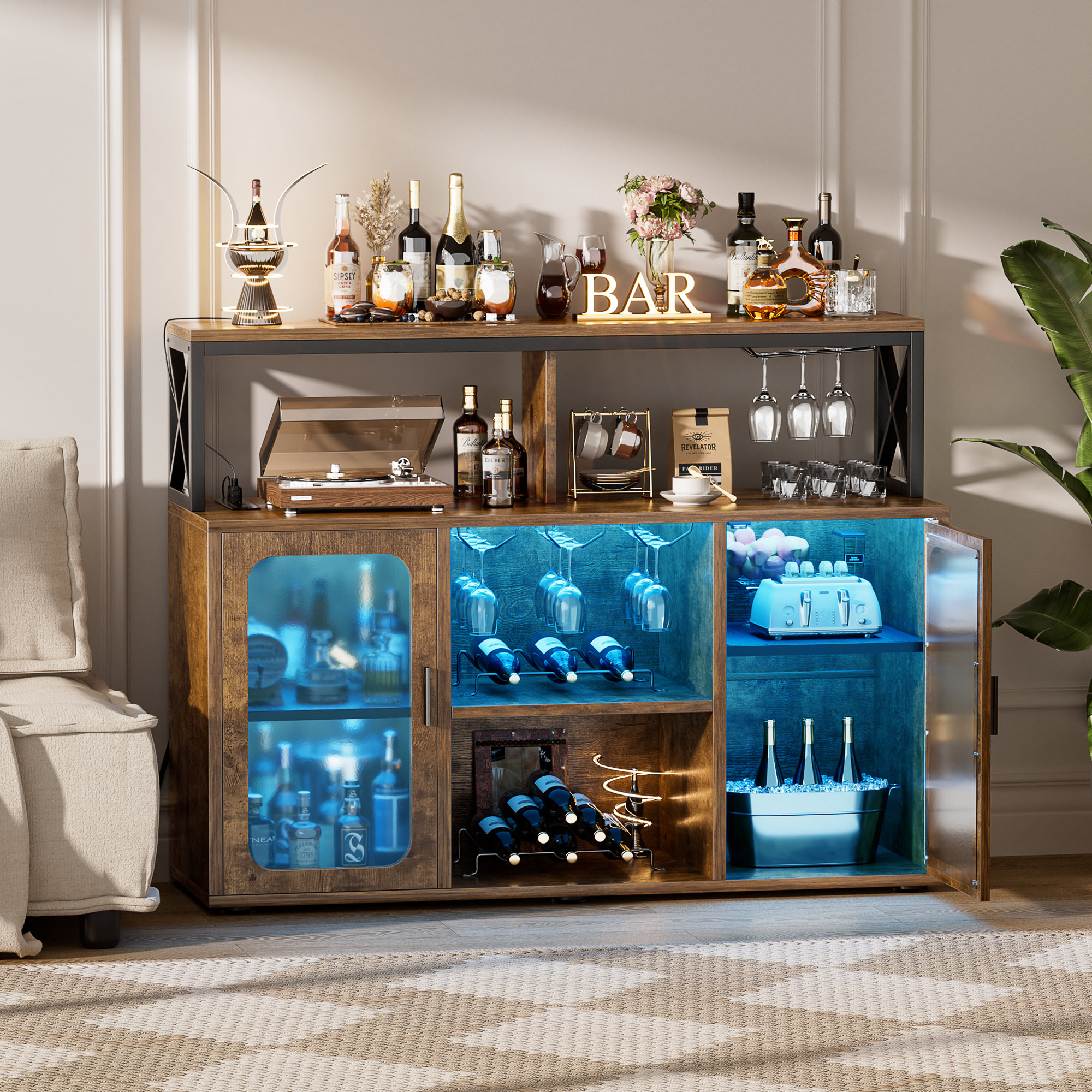 Wine Bar Cabinet With LED Light, Modern Coffee Bar Cabinet With Power