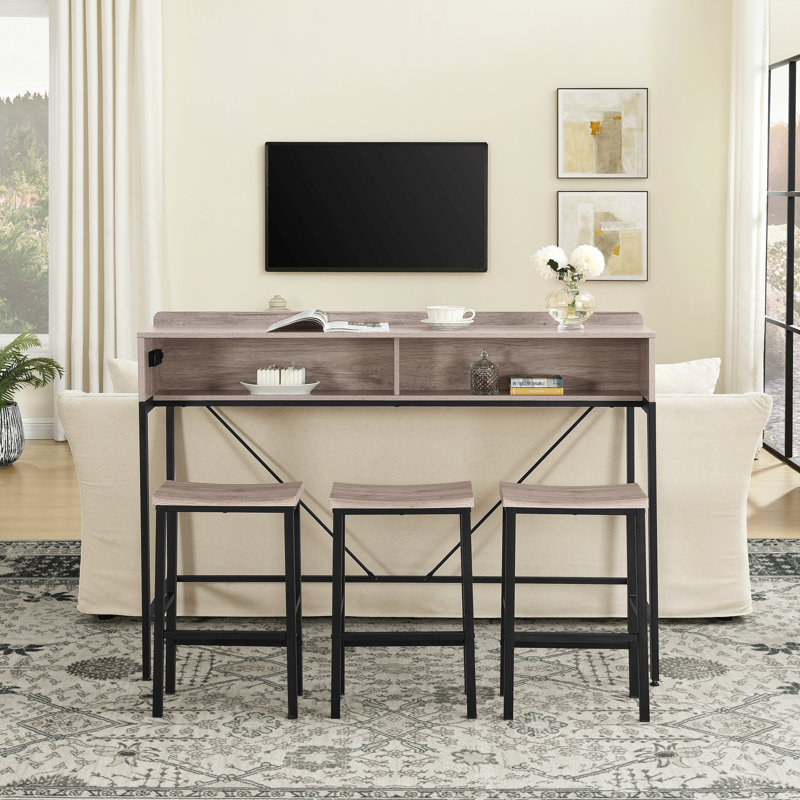 59 inch bar table, dining table, sofa table with power socket and LED light, 3 saddle stools, 4-piece bar table and chairs set for living room, dining room and kitchen