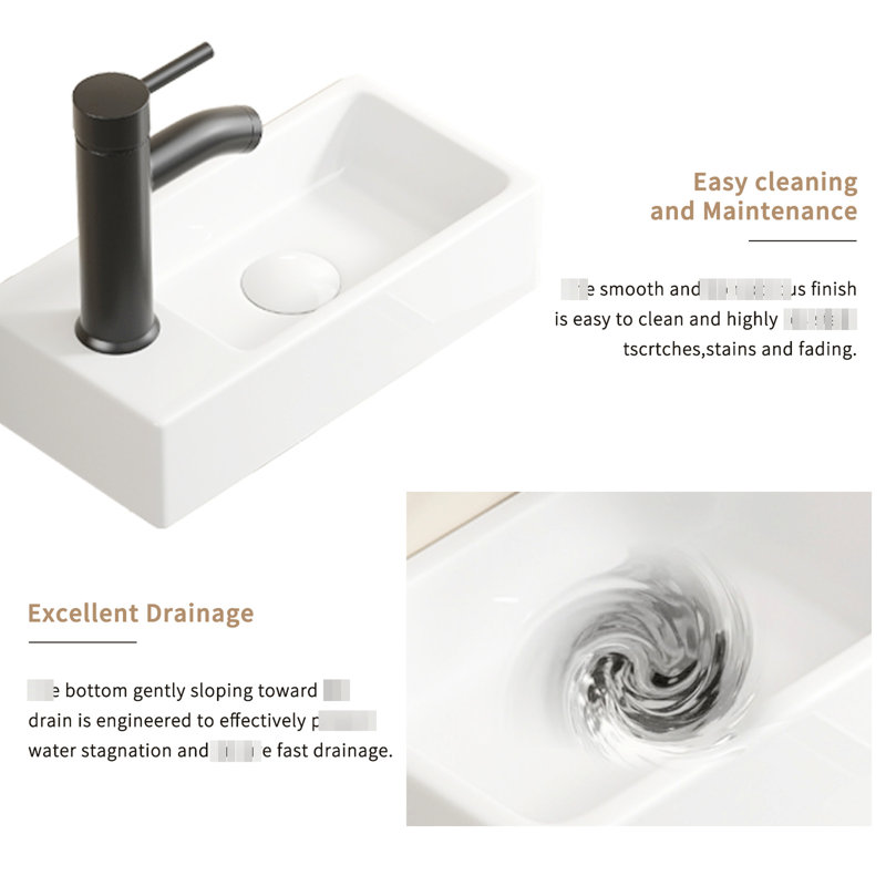 Lavabo mural suspendu en céramique rectangulaire, petit évier de vestiaire blanc laiteux traditionnel américain, 14 * 7 * 3 pouces, main gauche, trou de robinet simple pour la buanderie