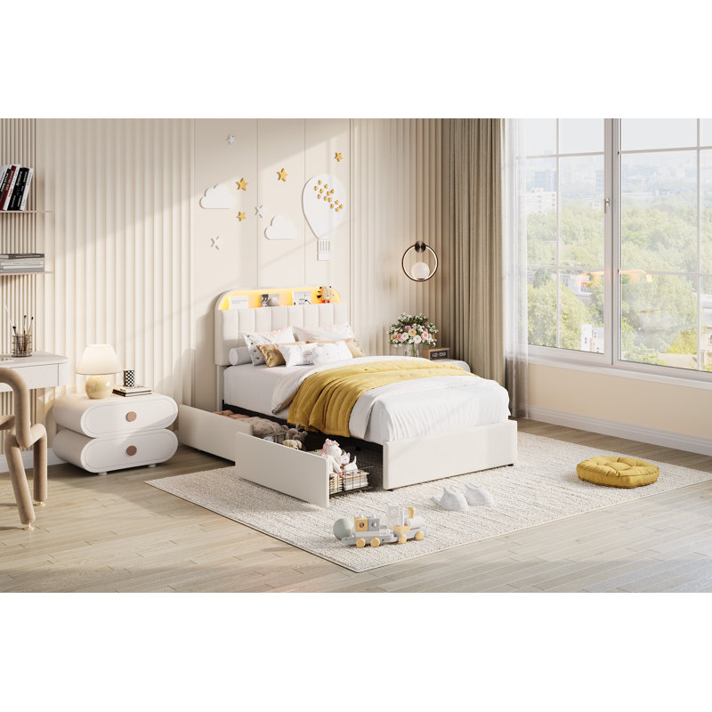 Structure de lit simple tapissier en velours avec tête de lit réglable, 2 tiroirs sous le lit, lumières à DEL RVB, support de lattes, aucun sommier requis, rose