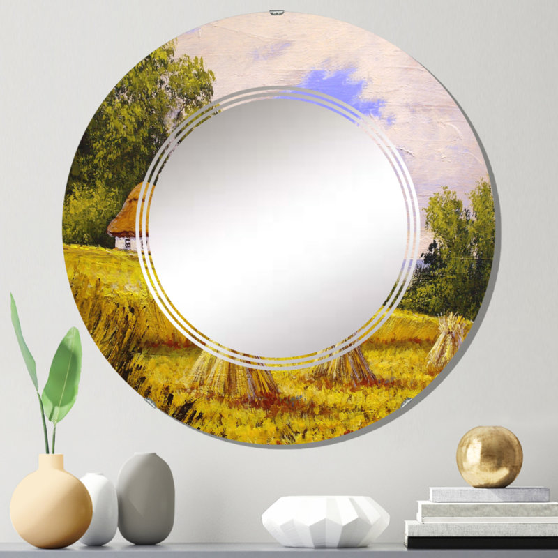 Petite maison dans la campagne pendant la récolte - Miroir mural rond, 24 po x 24 po