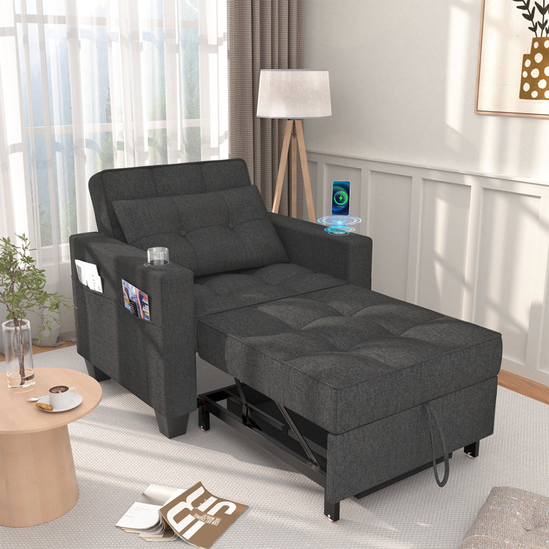 38" Wide Convertible Chair 3-In-1 Pull Out Sleeper Futon Chair Beds with Wireless Charging