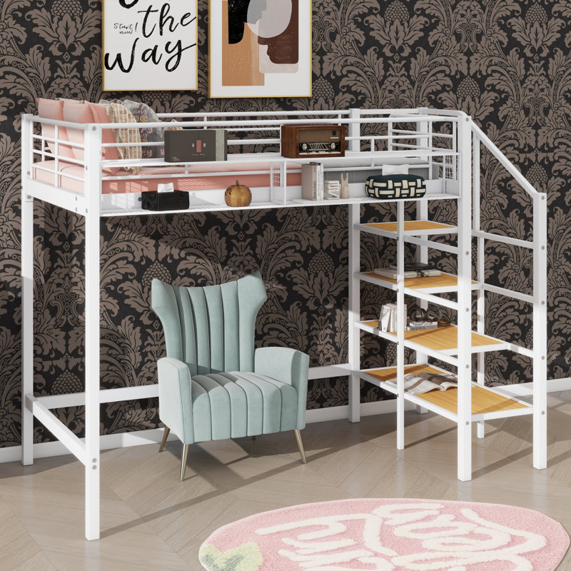 Twin-Sized Metal Loft Bed, Features Upper Grid Storage Shelf And Ladder With Side Compartments, White