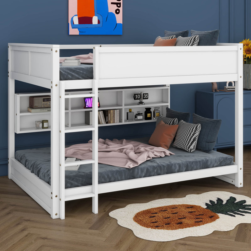 Queen Over Queen Bunk Bed With Storage Cabinets, Solid Wood Bunk Bed With Charging Station, Ladder And Safety Guardrails