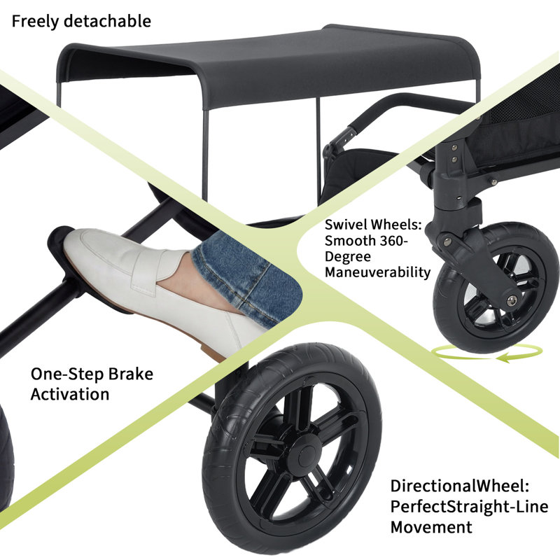 Poussette 4 places tout-terrain - Wagon de qualité supérieure pour enfants avec harnais de sécurité, plateau à collation, pavillon amovible, poignée réglable à pousser / tirer, roues pivotantes et fixes avec frein à une étape