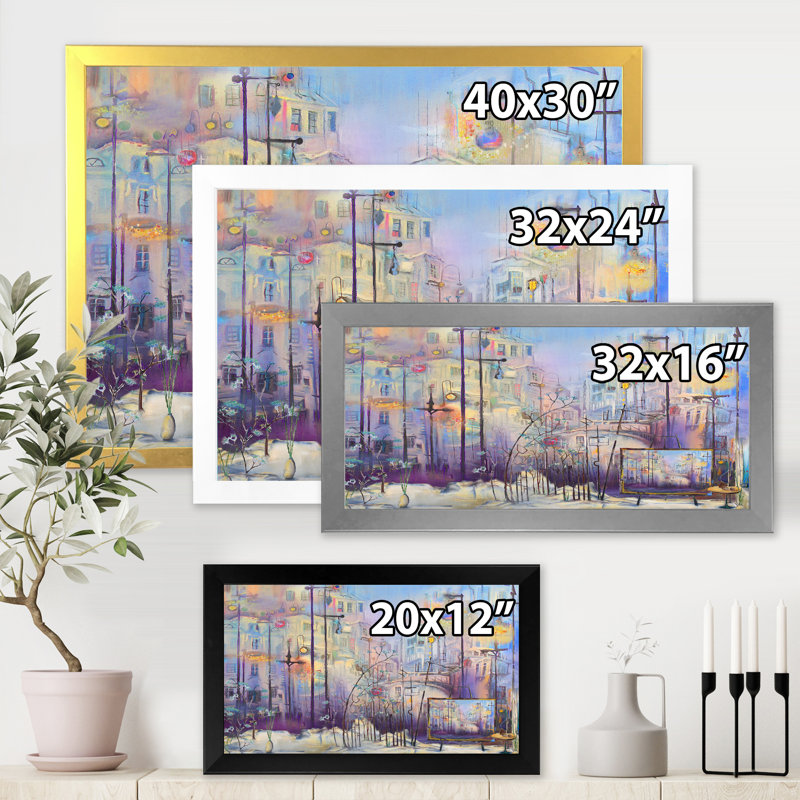 Paysage urbain pastel abstrait - peinture sur toile, H 16 po x l 32 po x p 1 po, Cadre noir
