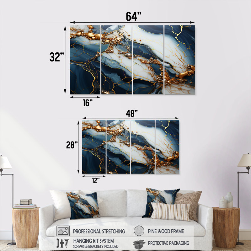 Encre marbrée dorée et bleue - art mural abstrait 4 pièces, H 32 po x l 64 po