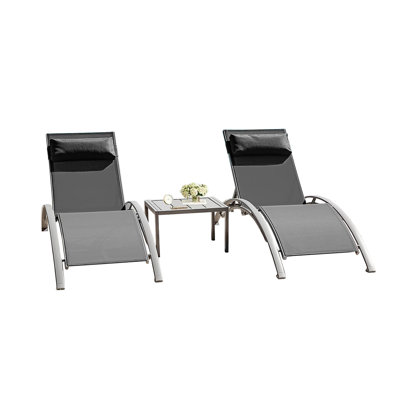 Ensemble de 3 chaises longues d'extérieur réglables avec table d'appoint - Ensemble de meubles de piscine en aluminium résistant aux intempéries en gris foncé