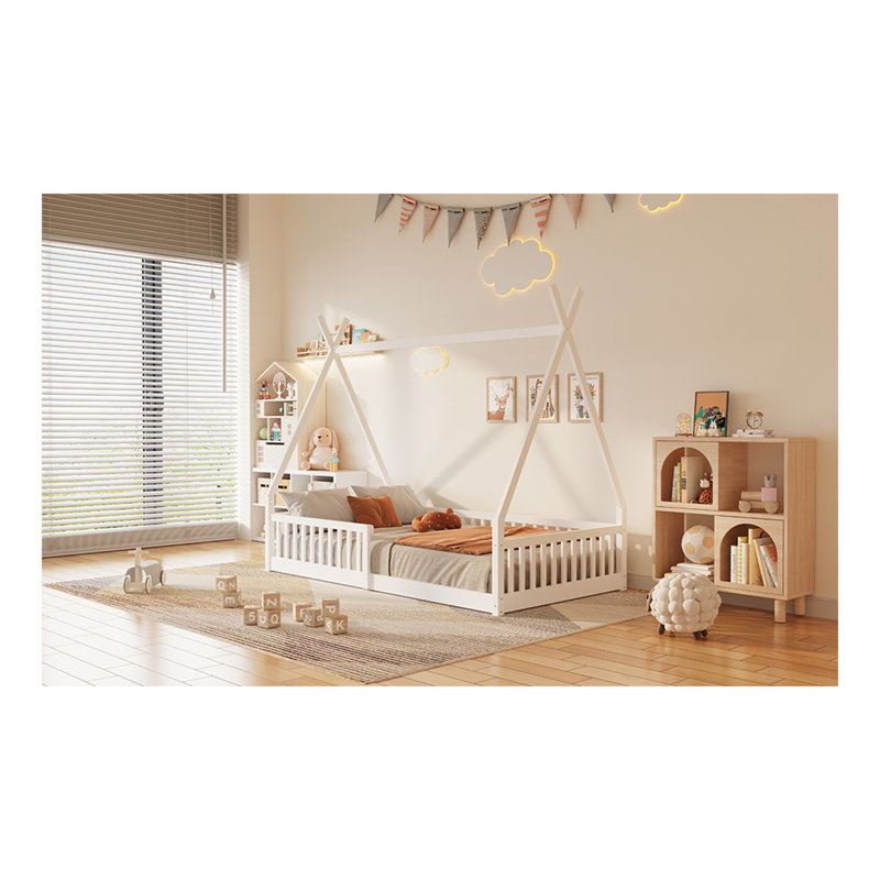 Lit simple en bois avec clôture, blanc
