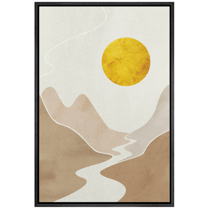 Signature signée, reproduction d'art sur toile encadrée, soleil doré sur une rivière, nature sauvage, art numérique, art moderne moderne Mid-Century coloré pour le salon, la chambre à coucher et le bureau - 16 po x 24 po - noir