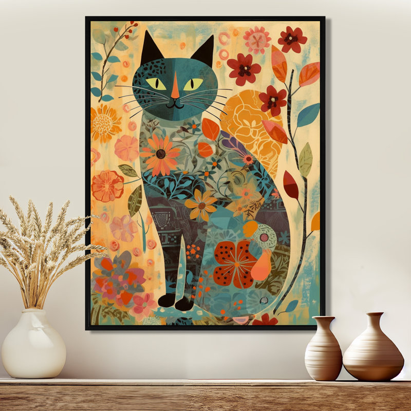Boho Cat Flower Collage - Art mural chat, H 32 po x l 24 po x P 1 po, Toile avec cadre noir