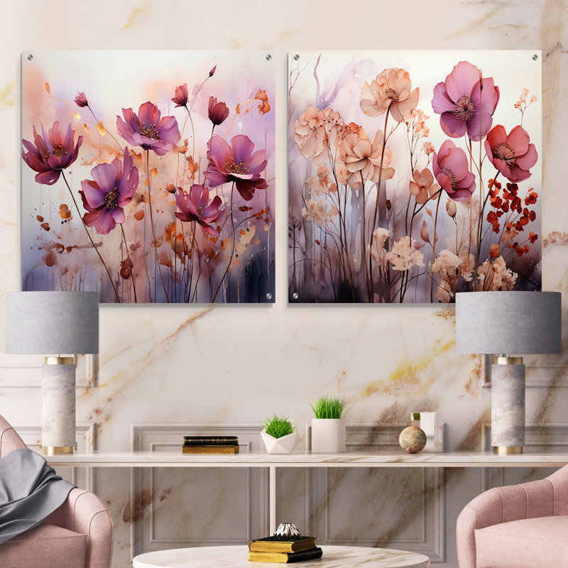 «Mauve Dreamy Florals I», ensemble de 2 verres muraux abstraits en acrylique, H 16 po x l 33 po