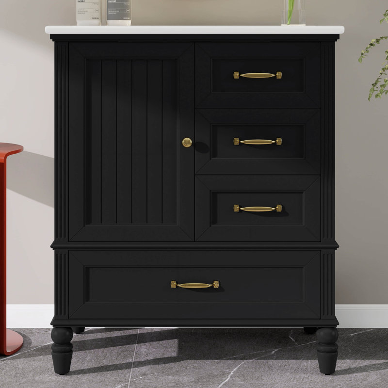 Meuble-lavabo de 30 po avec lavabo en céramique, armoire de salle de bain avec porte et trois tiroirs, patins réglables, Noir