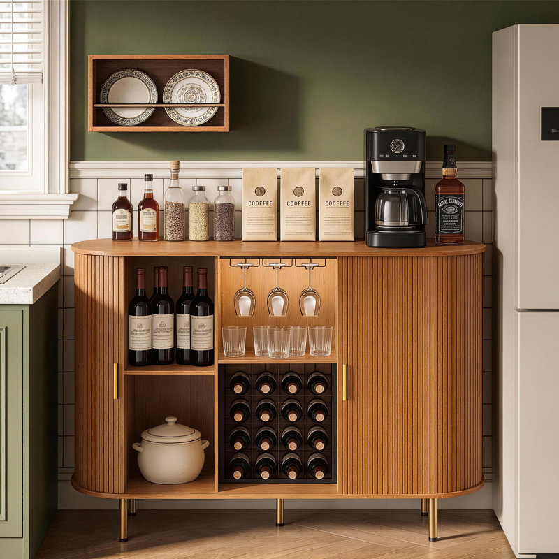 55" Mid-Century Modern Wine Bar Cabinet with LED Lights, Wine Rack & Glass Holder, Yellow Walnut