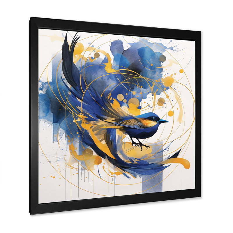 Bleu foncé et or, cercle abstrait, texture V, reproduction sur toile, Cadre simple noir, H 24 po x l 24 po x P 1 po
