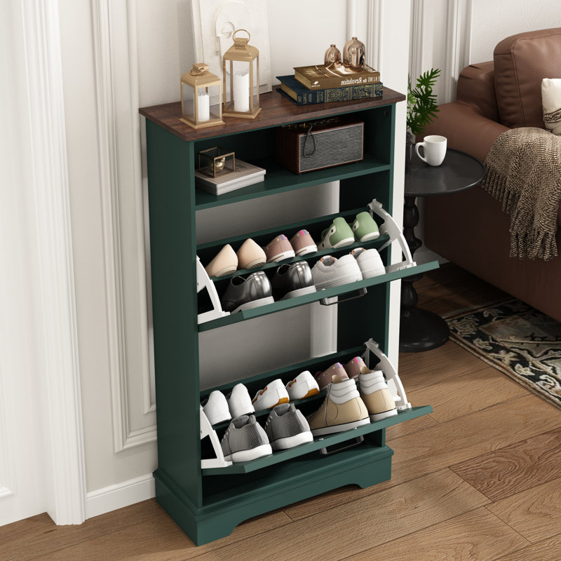 Armoire de rangement pour 12 paires de chaussures avec 2 tiroirs rabattables, Vert/brun