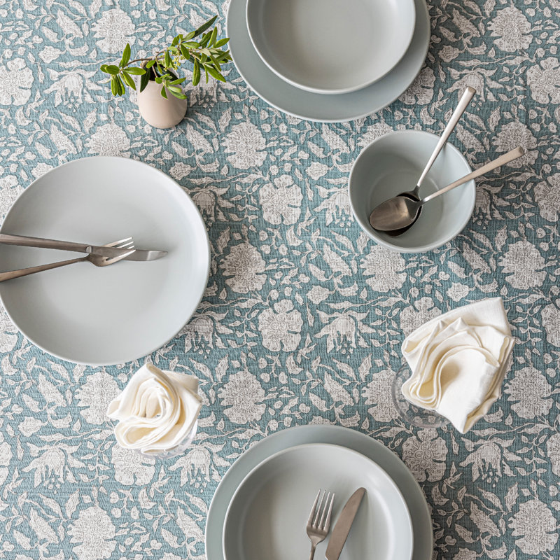 over&back Hand-Blocked Tablecloth, 70" W x 108" L, Blue Floral
