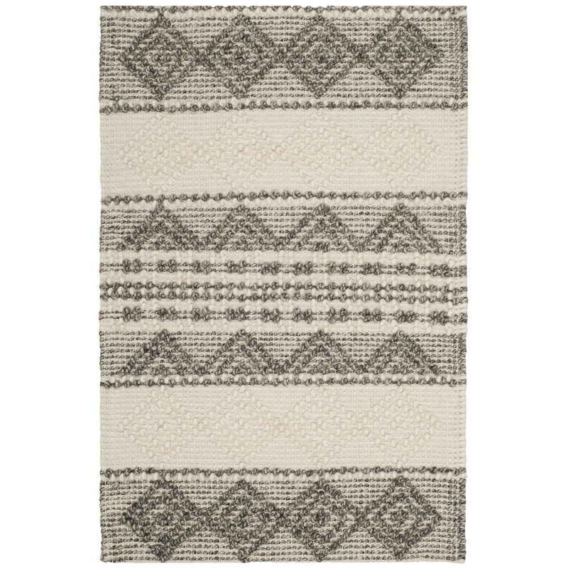 Tapis gris / ivoire en laine / coton tissé à la main à rayures Jacques, Rectangle 2 pi x 3 pi