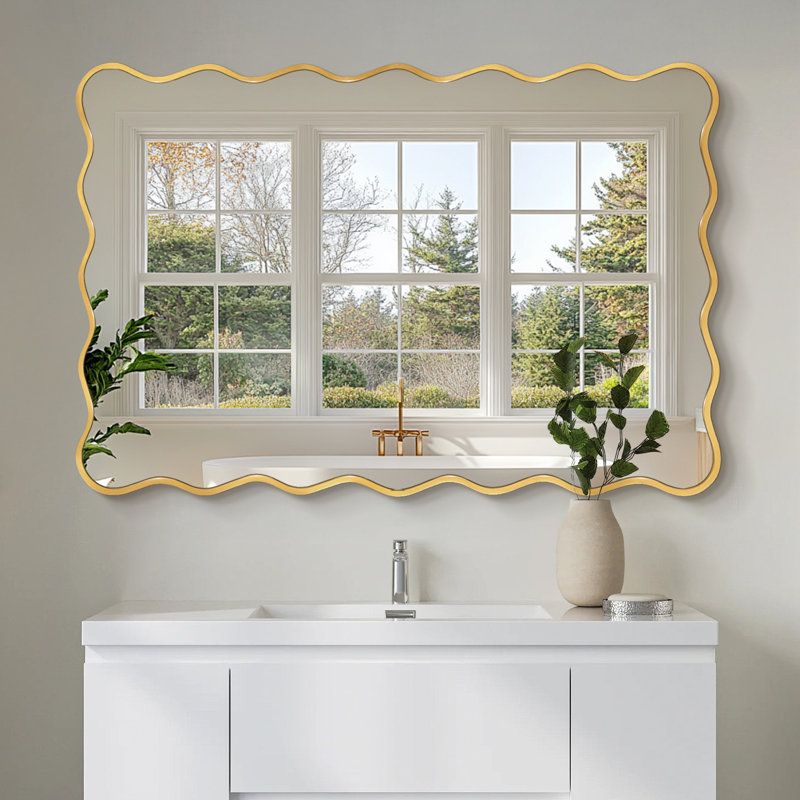 Wavy Rectangle Metal Framed Wall Accent Mirror, Gold