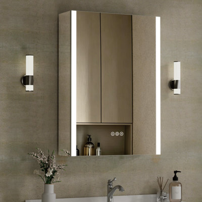 16" W x 24" H Kialen Rectangular Silver Aluminum Frame Recessed/Surface Mount Medicine Cabinet with Anti-Fog Mirror, 3 Color Temperatures Dimmable Lights and Adjustable Glass Shelves for Makeup, Shaving or Bathroom Vanity Storage