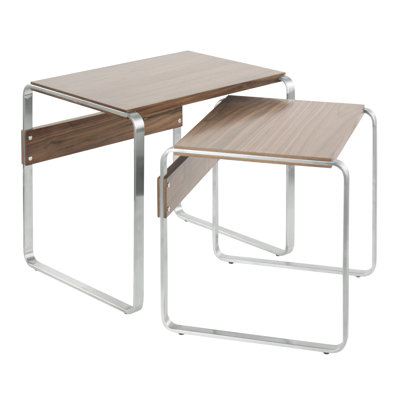 Tables gigognes Mid-Century modernes, 2 pièces, tables gigognes 20,25 po x 23,75 po x 21,5 po, noyer, plateau en noyer avec base en acier inoxydable