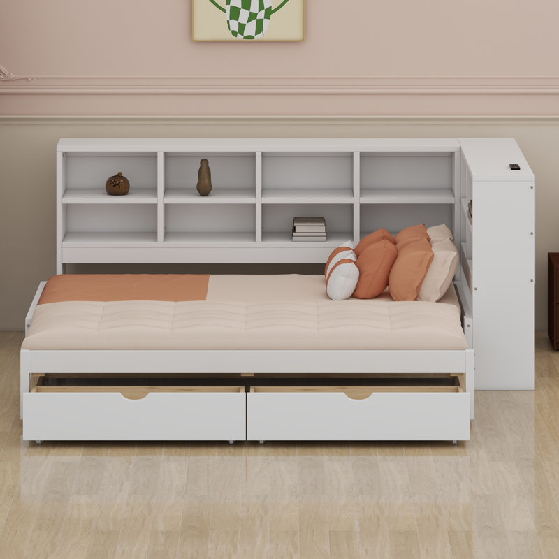 Lit de jour avec tiroirs de rangement, lumières DEL et ports USB, White
