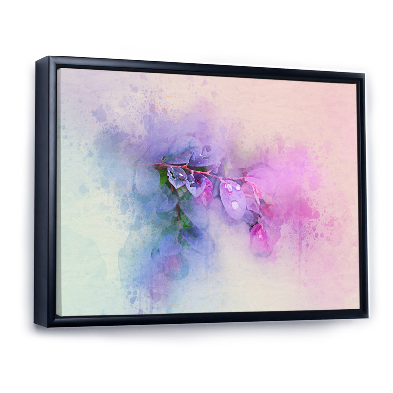 Abstrait mauve et feuilles roses - reproduction sur toile flottante, H 24 po x l 36 po x P 1 po, Cadre flottant noir