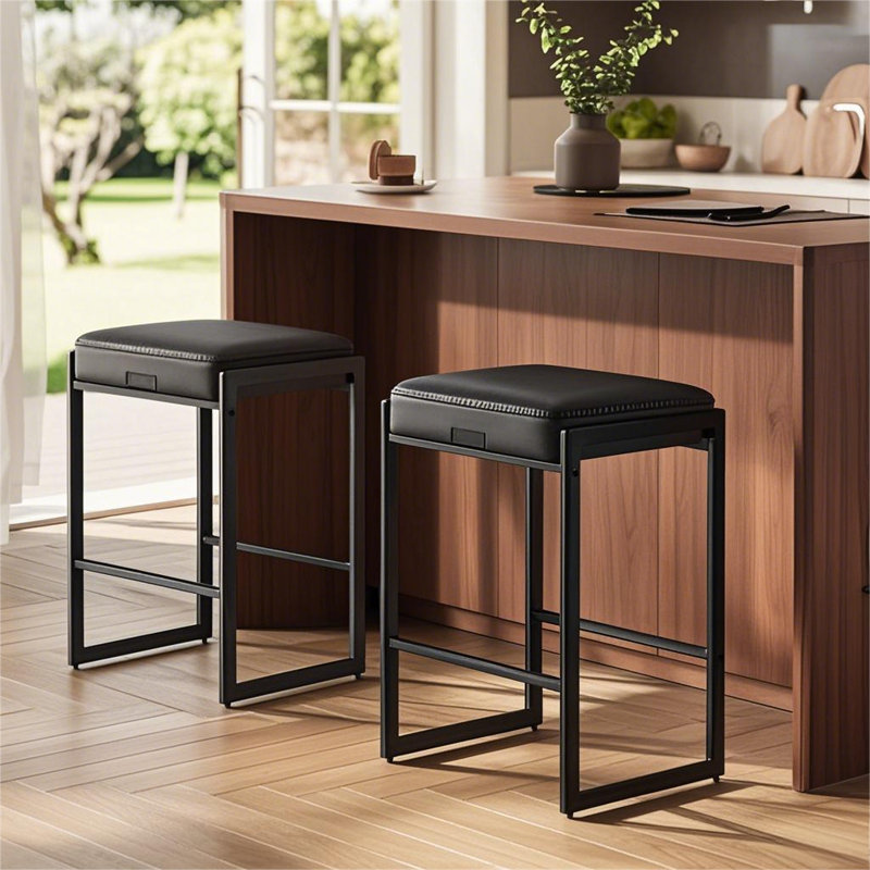 Bar Stools Set of 2, Counter Height Bar Stools, Synthetic Leather with Stitching, Black