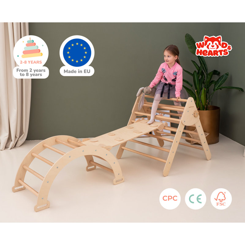 Natural Wood Montessori Climbing Set with Slide and Arch