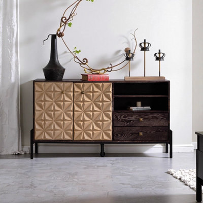 Solid Wood Mid Century Modern Sideboard with Geometric Pattern, 2 Doors and 2 Drawers – Rustic Natural Wood Storage Cabinet for Kitchen, Dining Room,