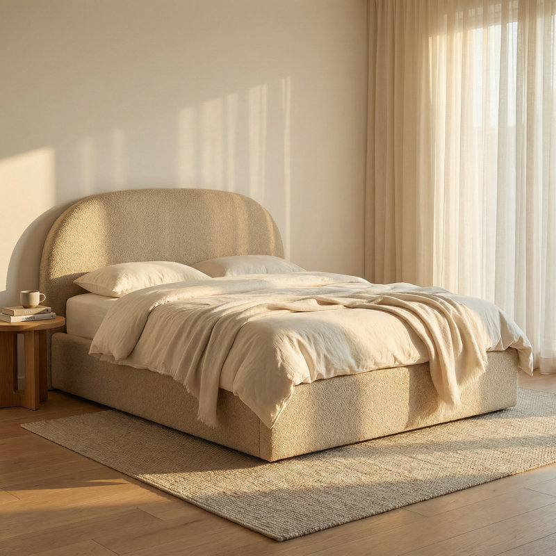 Structure de lit Aykah Lunel Cloud Boucle, Très grand lit, Beige bouclé