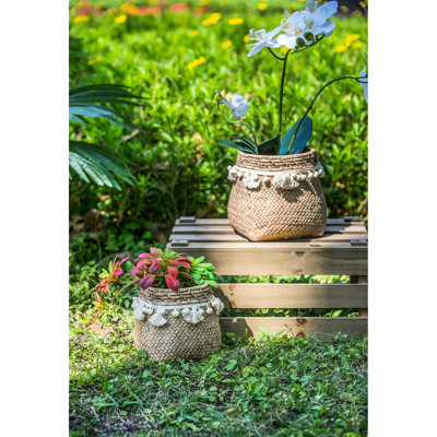 6,5 po x 6,5 po x 6 po de 2 pots à fleurs en ciment brun, motif à pampilles tissées, pampilles crème, convient aux jardinières à espaces transitionnels avec pampilles, 2 et deux tons, complément