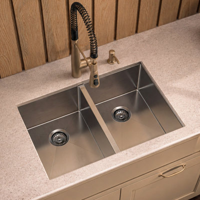 Whitehaus 29" brushed stainless steel commercial double bowl undermount kitchen sink