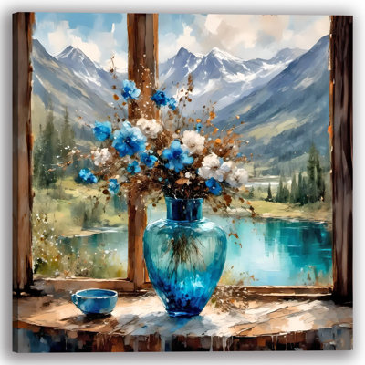 Mountain View with Blue Floral Arrangement in Glass Vase Wrapped Canvas Wall Art