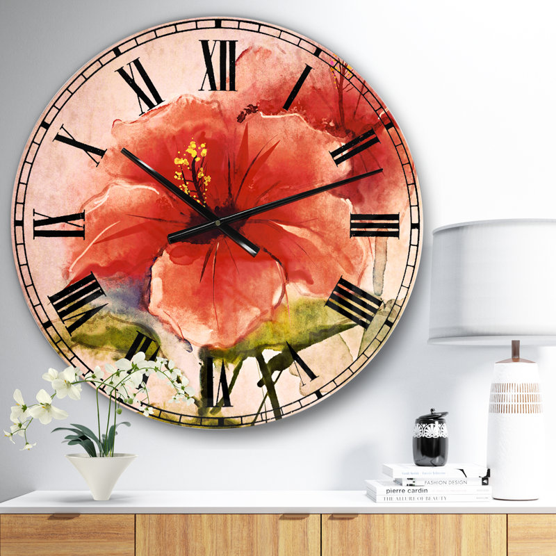 Aquarelle, fleur d'hibiscus rouge - horloge murale traditionnelle, Petit