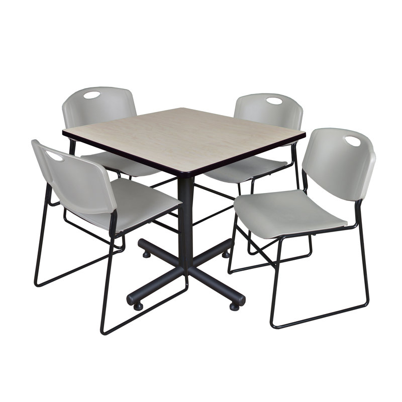 Square X-Base Breakroom Table, 4 Zeng Stack Chairs, Black, Maple