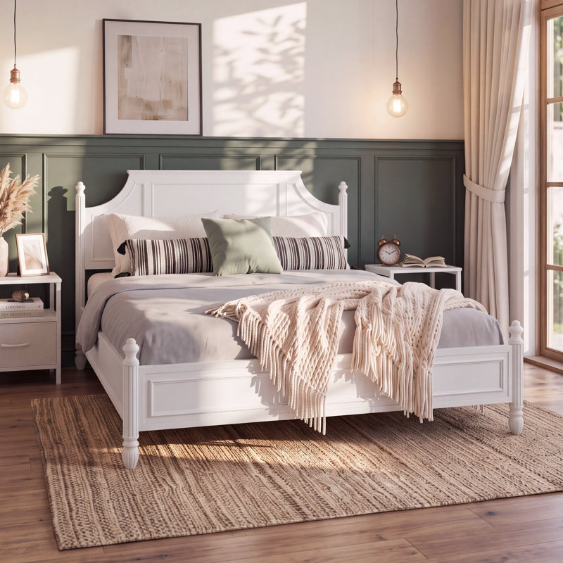 Clyden Traditional Wood Platform Bed with Carved Panel Headboard, Fluted Posts & Classic Molding for Moody Bedroom