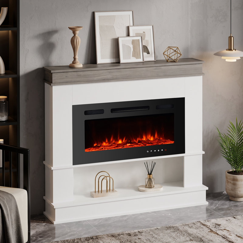 39“ Electric Fireplace with Mantel, Ultra Thin Fireplace Insert, 12 Color Changing Flame, 5 Brightness Levels, 750W/1500W Heater, Remote Control, 1-8H Timer & Overheat Protection