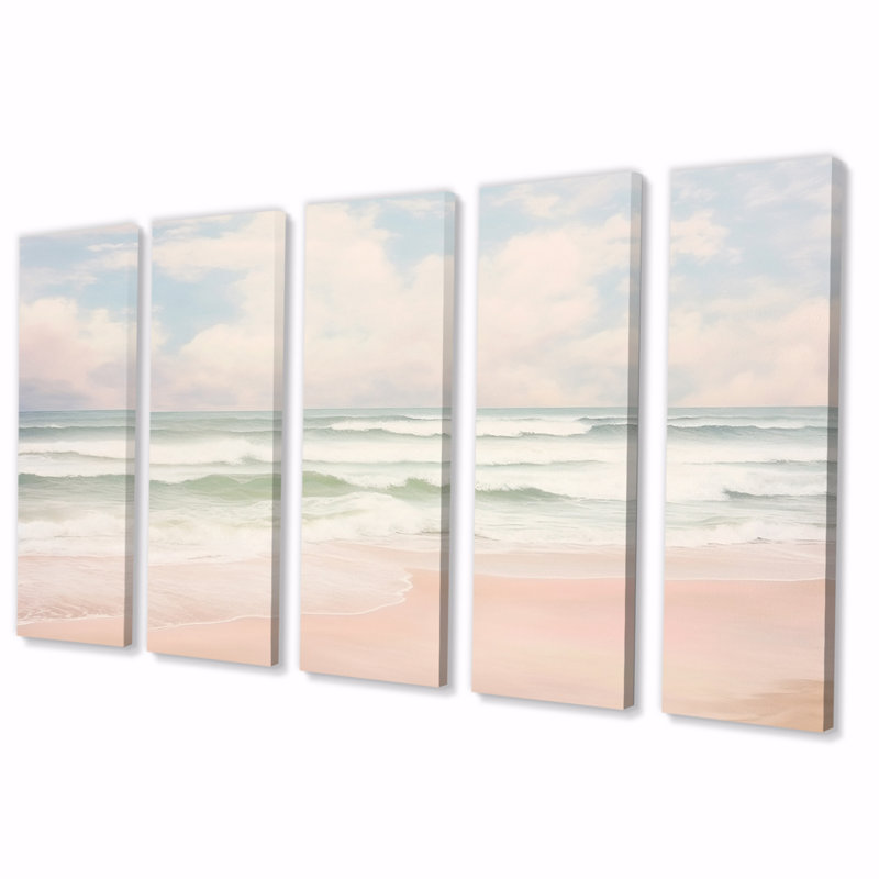 «Ocean Tranquility Tender Pink Pastel Sunrise II», reproduction sur toile de plage - 5 panneaux égaux