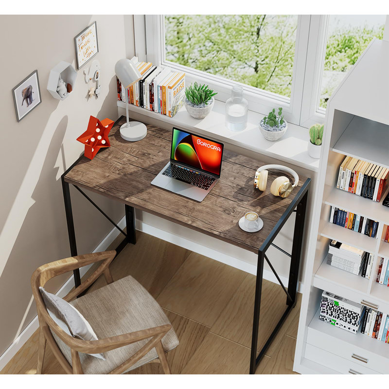 Rustic Brown Folding Computer Desk, No Assembly Space Saving Writing Table, 28.4" H x 31.5" W x 15.8" D
