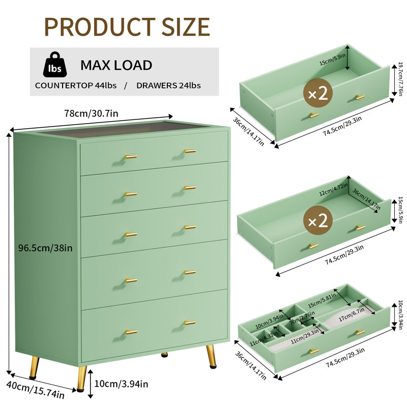 30.7"W 5 Drawer Dresser with LED Lights, 39"H Tall Chest Of Drawers For Bedroom & Wardrobe Closet Island With Tempered Glass Top & Jewelry Dresser & Glass Dresser, Green