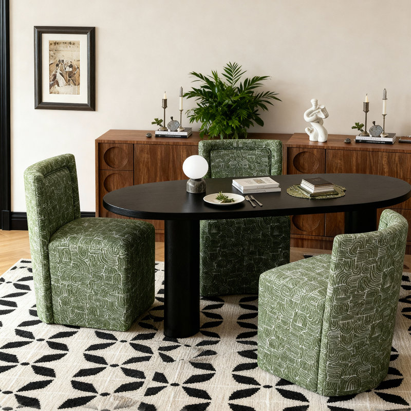 Chaise rembourrée moderne avec roulettes, Vert mousse, 1