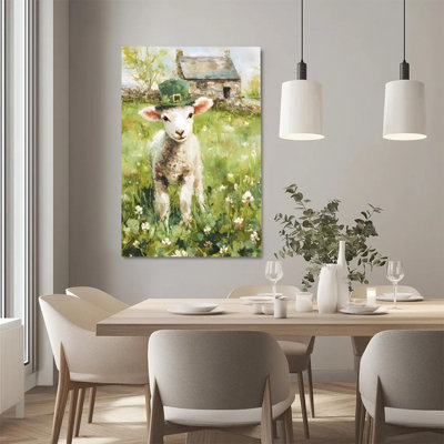 Art mural sur toile encadré en 2 dimensions, petit agneau, chapeau vert irlandais, aquarelle de style pastoral, reproduction d'art sur toile, peinture, décoration murale, cadeau idéal pour chambre à coucher