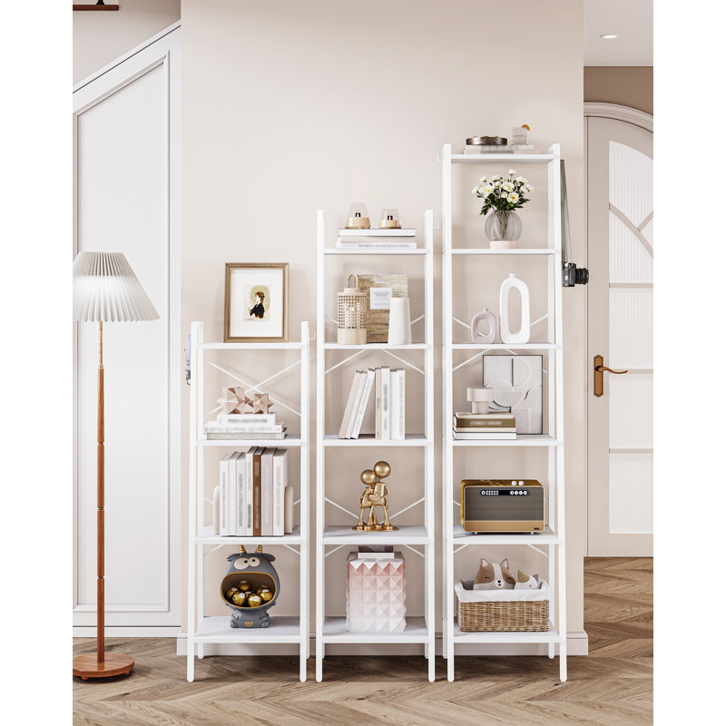 Ladder Shelf, Bookshelf Bookcase, Freestanding Corner Storage Shelve with 2 Hooks for Home Office, Living Room, Kitchen, Bedroom, Industrial, 5-Tier White