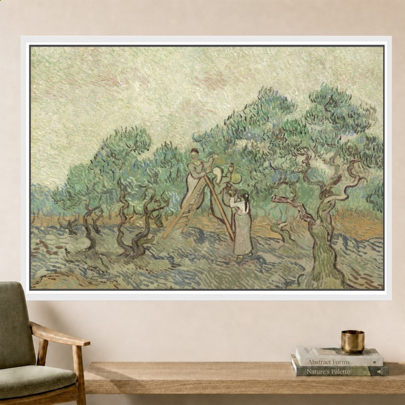 «The Olive Orchard» par Vincent Van Gogh - impression sur toile, 63,5 po x 43,5 po / cadre biseauté / blanc